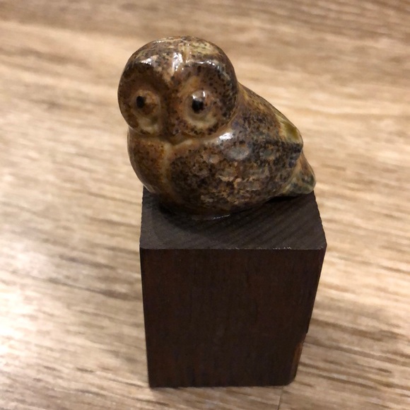 Vintage Other - Small pottery owl on wooden stand